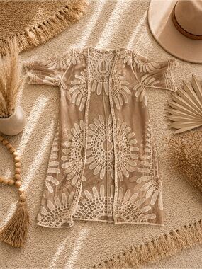 Boho Embroidered Sheer Mesh Kimono Cover Up | Beige & Ivory Festival Duster